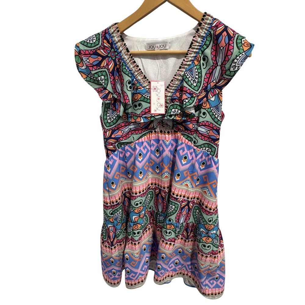 Joy Joy Medallion Print Ruffle Sleeve Dress Pockets NWT Size M Boho